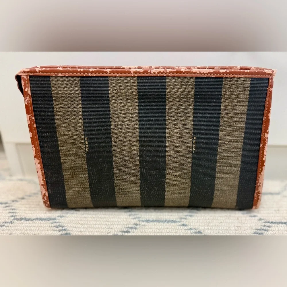 FENDI Vintage Classic Brown Canvas Leather Pequin Striped Logo Clutch Pouch - Picture 3 of 16